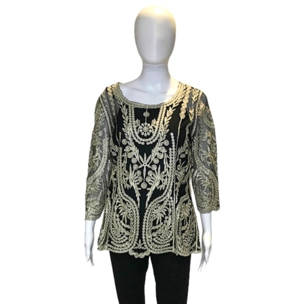 ULTRA PINK Black Sheer Gold Lace Pattern 3/4 Sleeves Women's Size 1X